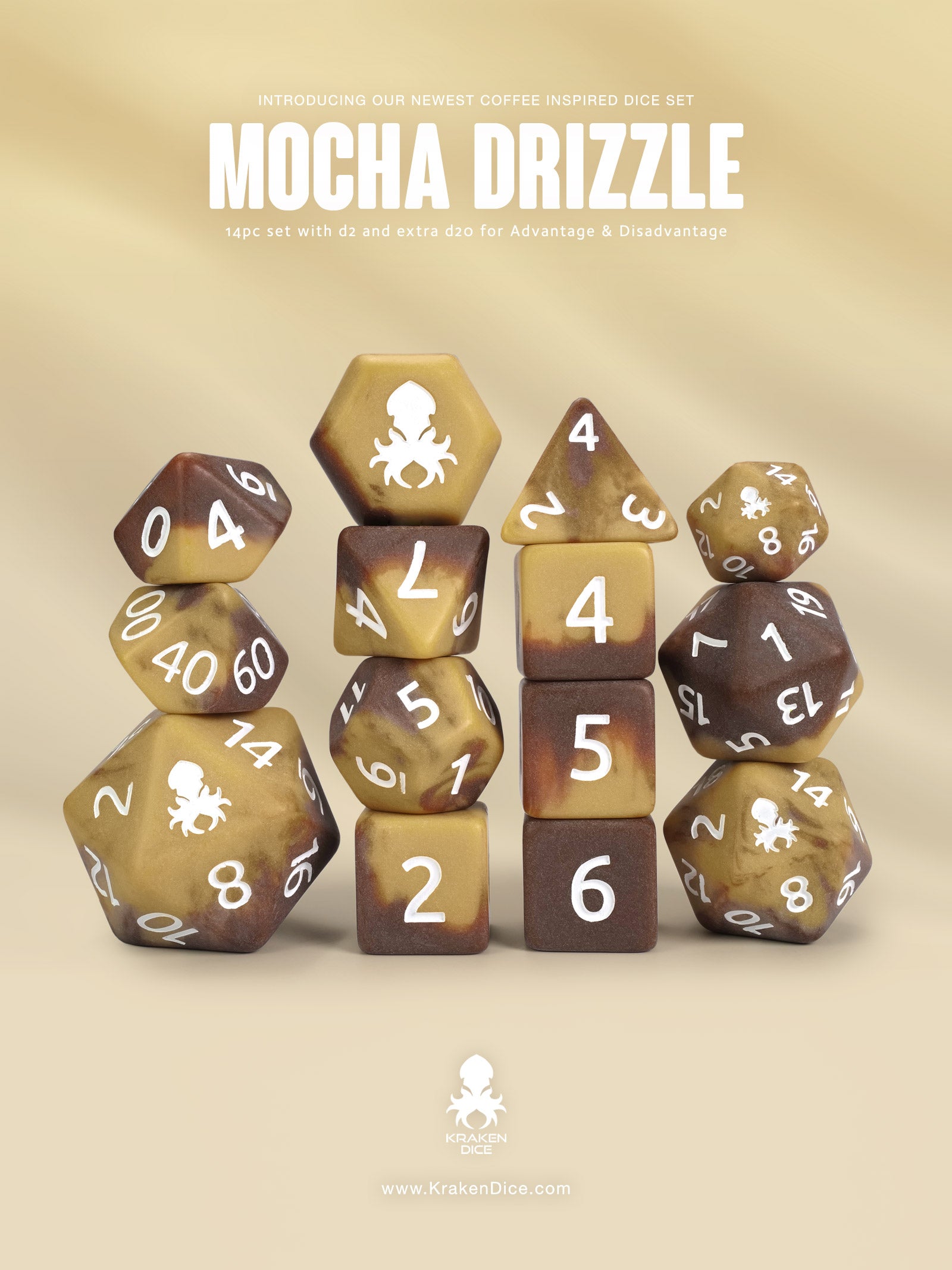 Mocha Drizzle Matte 14pc Dice Set inked in White
